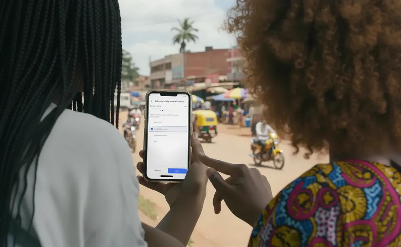 Community members discussing and using mobile devices